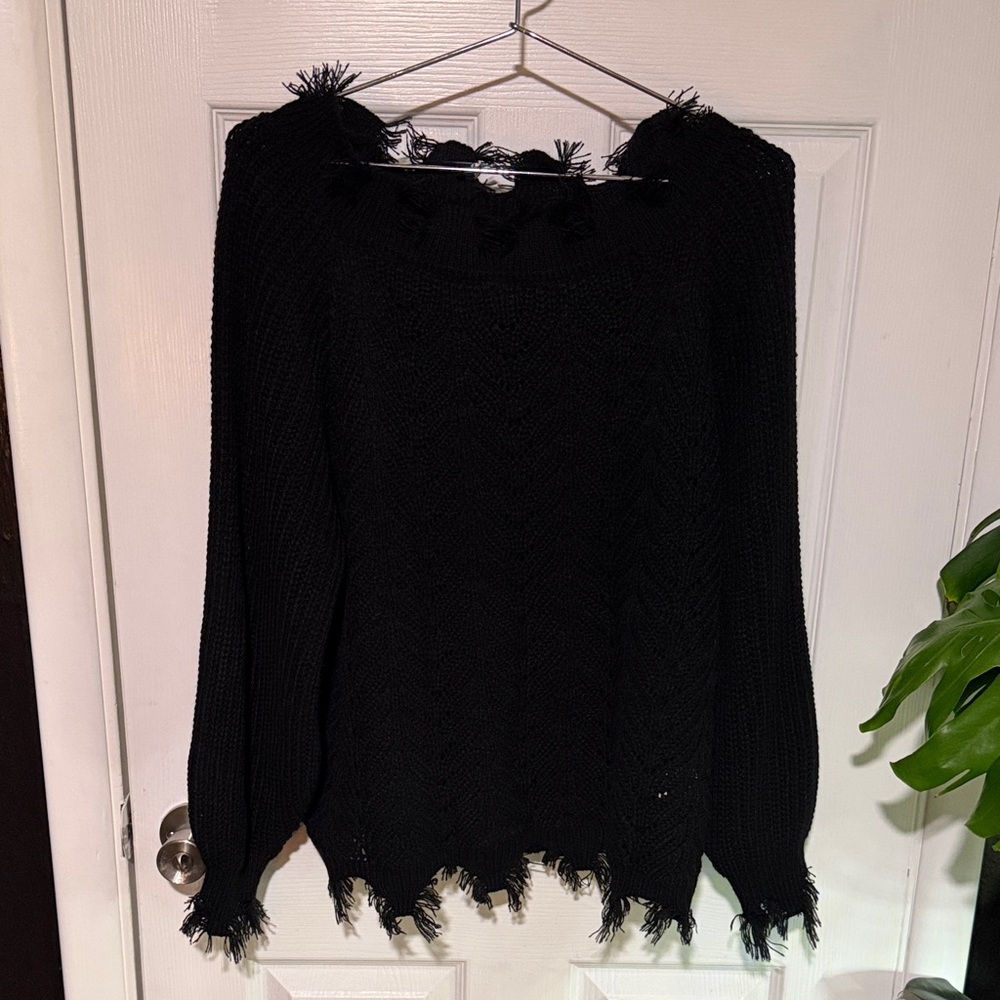 SHEIN Black Frayed Edge Sweater